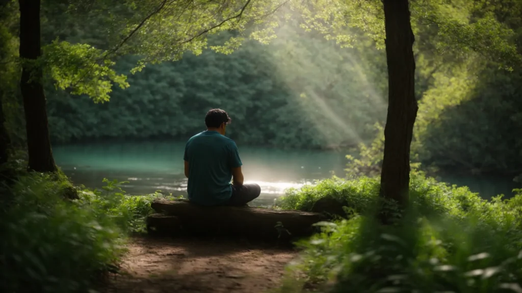 a serene nature setting with a contemplative individual surrounded by soft blues and greens, symbolizing hope and emotional healing in the journey of mental health recovery.