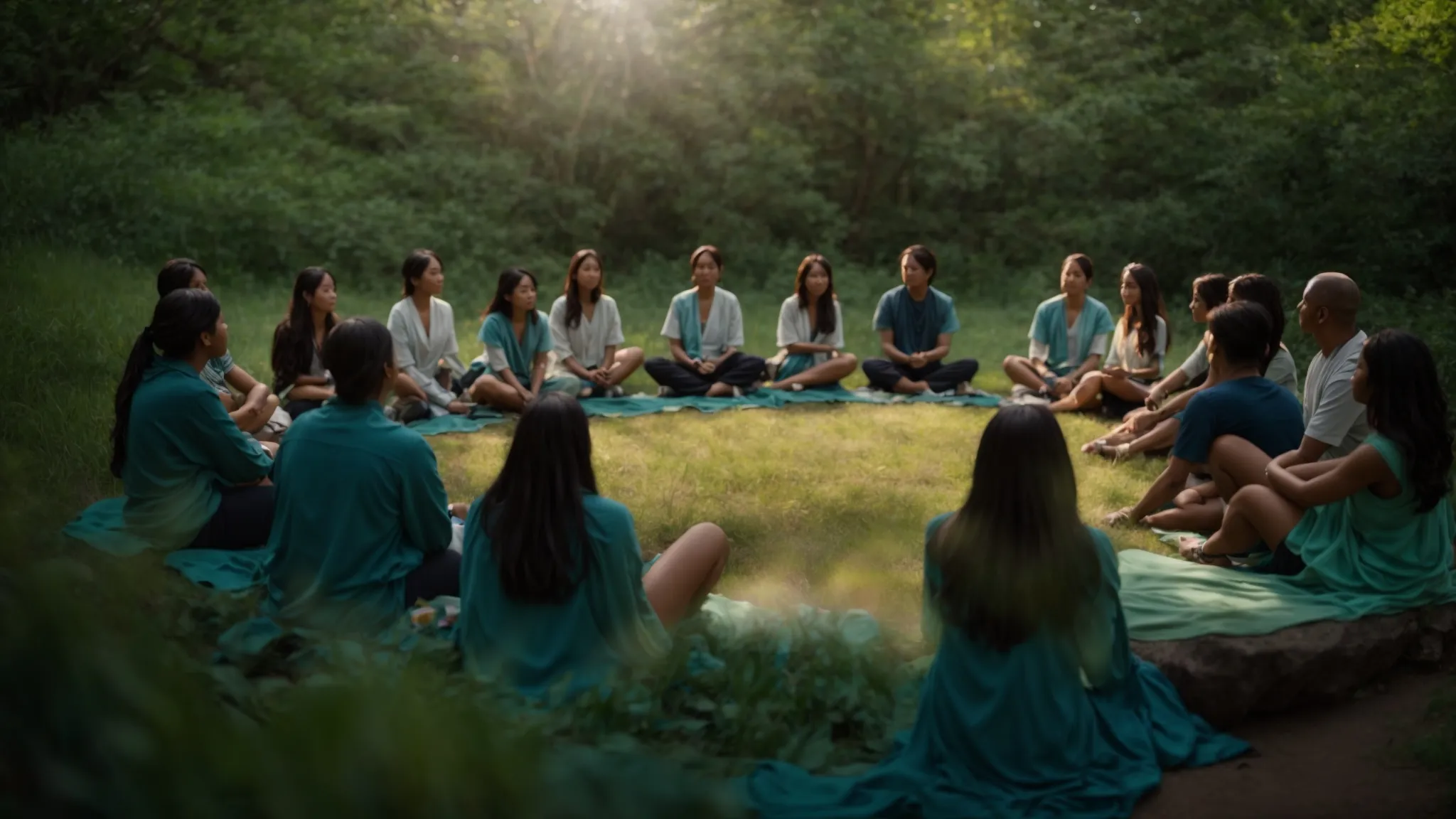 a serene nature setting with a diverse group sitting in a circle, sharing heartfelt moments of support, surrounded by soft pastels of blue and green, symbolizing hope and the healing journey of recovery.