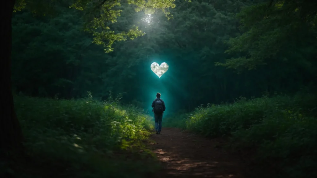a serene nature setting with soft, calming blues and greens features a silhouette of a person reaching out towards a glowing heart symbol, encapsulating the theme of healing and the accessibility of emotional support for ptsd recovery.