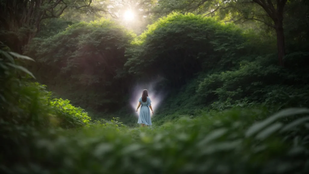 a serene nature setting with soft pastel colors, featuring a lone figure reaching out toward a radiant heart symbol amidst lush greenery, embodying healing, support, and the transformative journey of recovery from ptsd.