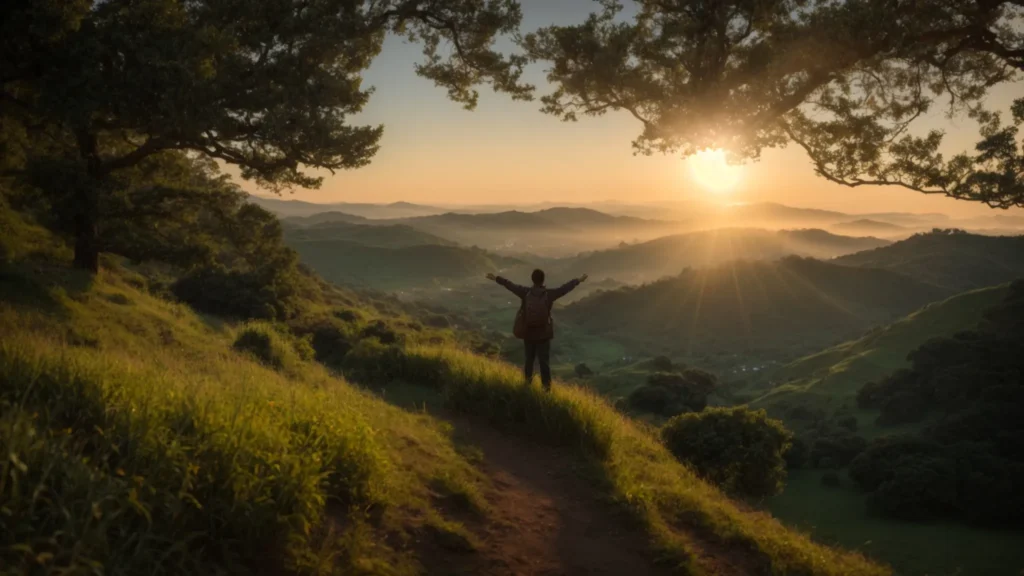 a tranquil nature scene with a silhouette of a person standing on a lush hillside, arms outstretched towards a vibrant sunrise, symbolizing hope and the journey towards healing in mental health and addiction recovery.