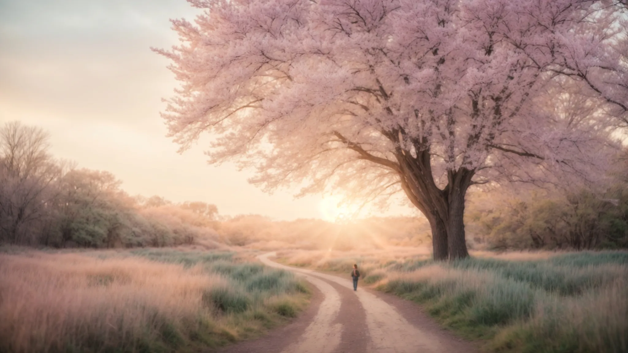a tranquil nature setting bathed in soft pastel hues, featuring a solitary figure standing on a gentle path, symbolizing hope and recovery in the journey of addiction and mental health treatment.