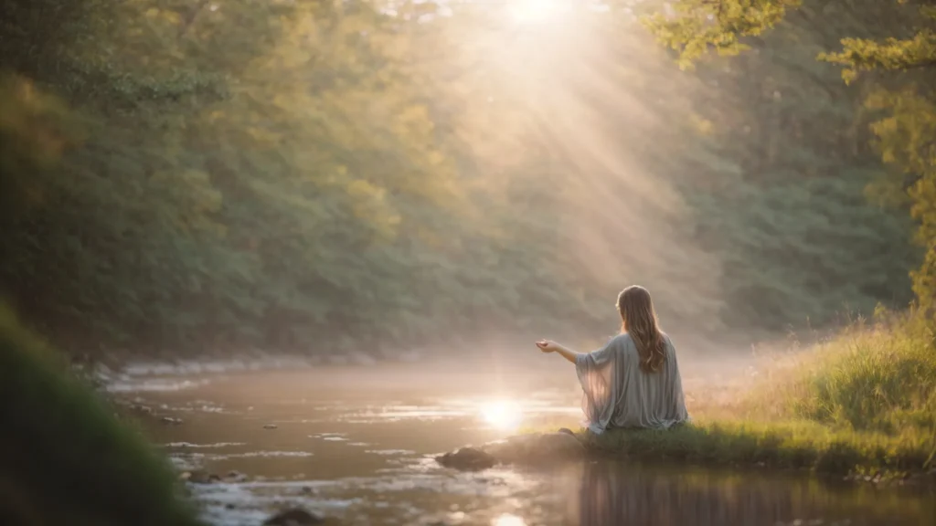 a tranquil nature setting bathed in soft pastel hues features a serene figure reaching out for support, symbolizing the healing journey of mental health recovery intertwined with the concepts of cognitive behavioral therapy.