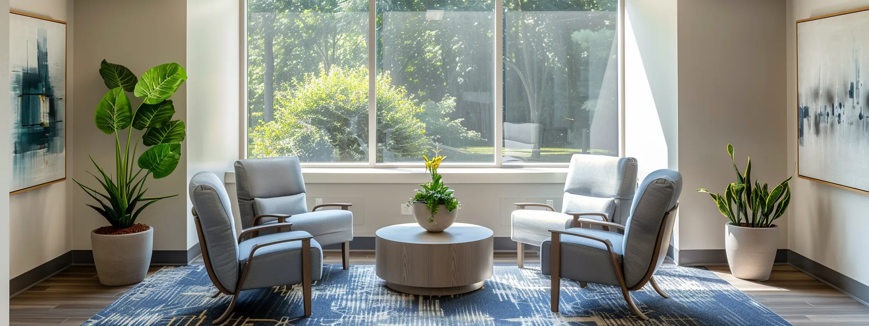 a serene and inviting therapy office features modern seating in soothing blue and grey tones, bathed in warm sunlight streaming through large windows, complemented by soft lighting, abstract art, and subtle indoor plants, creating a calming atmosphere conducive to discussions on drug and alcohol detox.