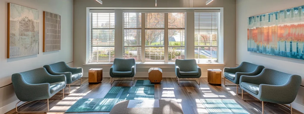 a serene and inviting therapy office with modern seating in calming blue and grey tones, illuminated by warm natural light streaming through large windows, creating a peaceful atmosphere for neurobiological healing.