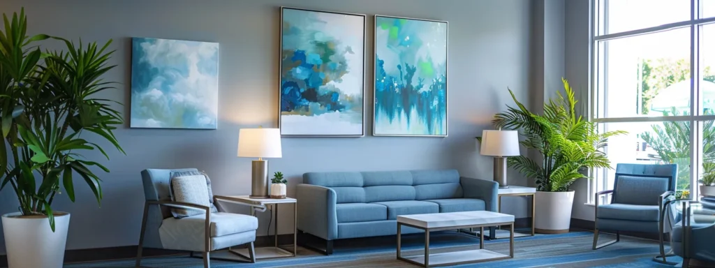 a serene therapy office features comfortable modern seating in calming blue and grey tones, with warm light streaming through large windows, peaceful indoor plants, and abstract art adorning the walls, creating an inviting atmosphere for bipolar disorder maintenance.