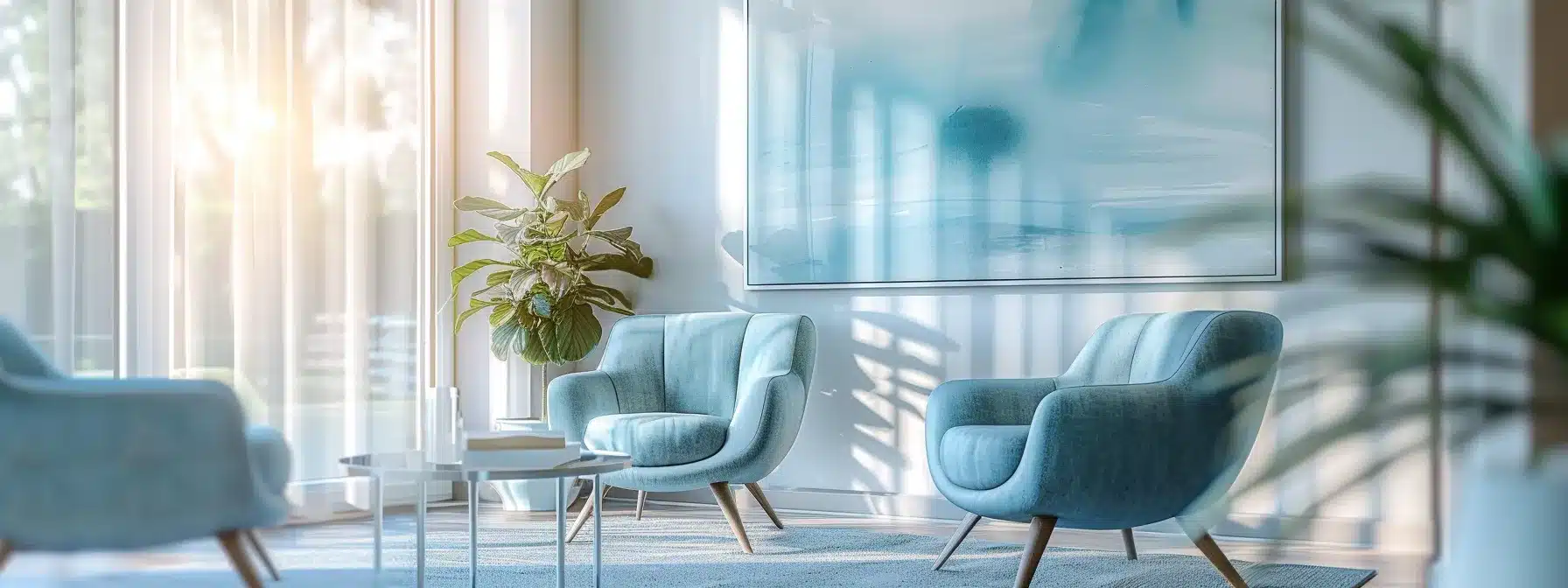 a serene therapy office interior featuring modern, comfortable seating in calming blue and grey tones, illuminated by warm sunlight streaming through large windows, complemented by soft lighting and abstract art, creating a welcoming atmosphere for emdr therapy sessions focused on rewiring traumatic memories.