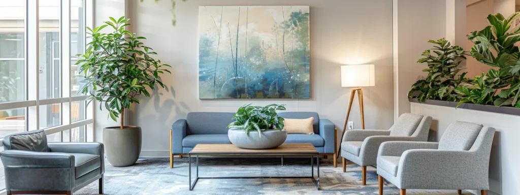 a soothing and inviting therapy office interior, featuring modern furniture in calming blue and grey tones, accented by peaceful indoor plants and abstract art, with gentle sunlight filtering through large windows to create an atmosphere of serenity and safety.