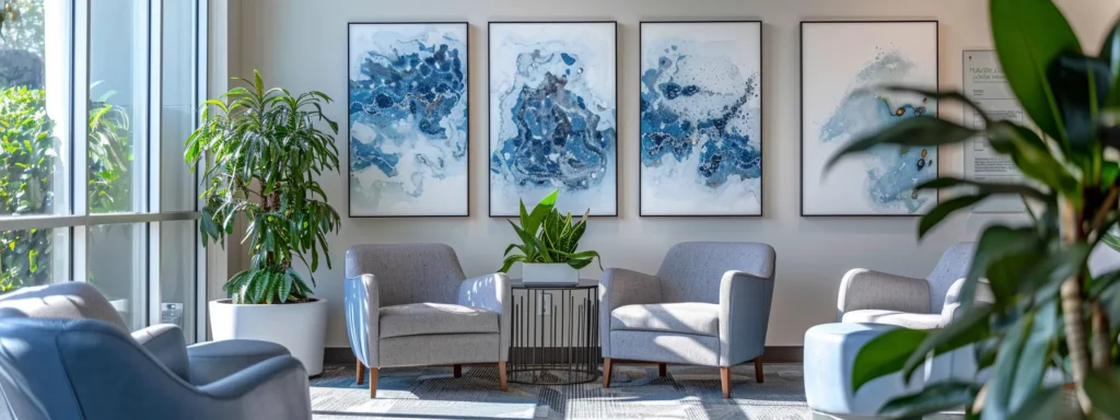 a warm and inviting therapy office, featuring modern blue and grey seating, bathed in soft natural light from large windows, with peaceful indoor plants and abstract art, creating a serene atmosphere for mood stabilization therapy.