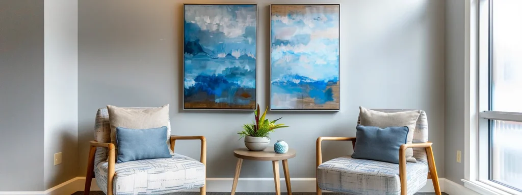a warm, inviting therapy office in massachusetts, bathed in soft sunlight, features modern seating in calming blue and grey tones, adorned with abstract art and minimalistic decor, creating a serene and safe space for veterans seeking specialized trauma therapy.
