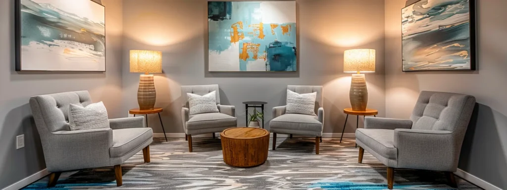 a warm, inviting therapy office adorned in calming blue and grey tones, bathed in soft natural light, features modern seating and serene abstract art, creating a peaceful atmosphere conducive to skills-based therapy for bipolar disorder.